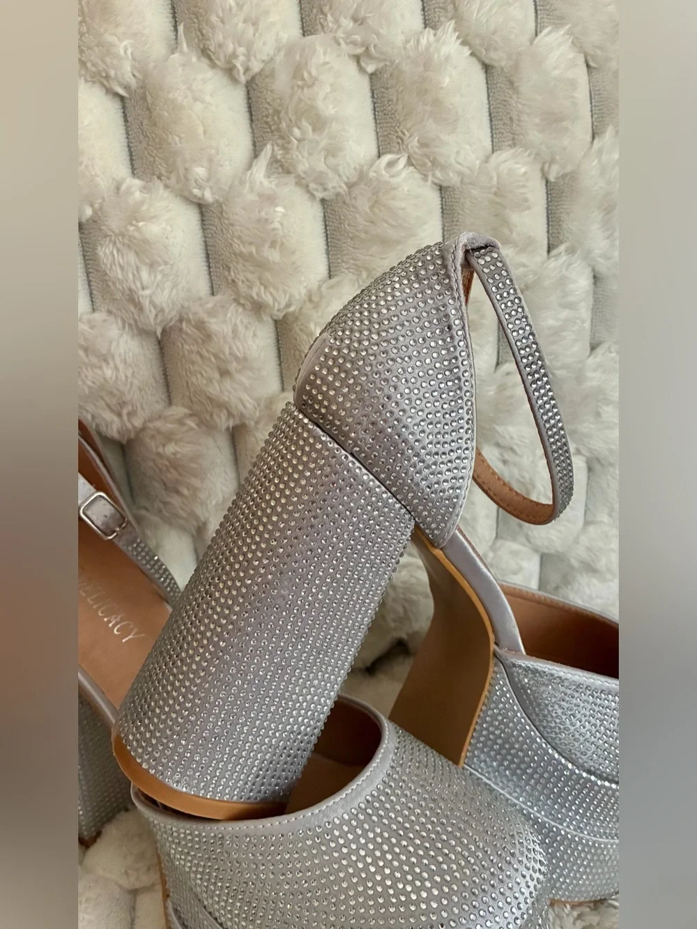 Silver Rhinestone Platform Block Heels with Ankle Strap